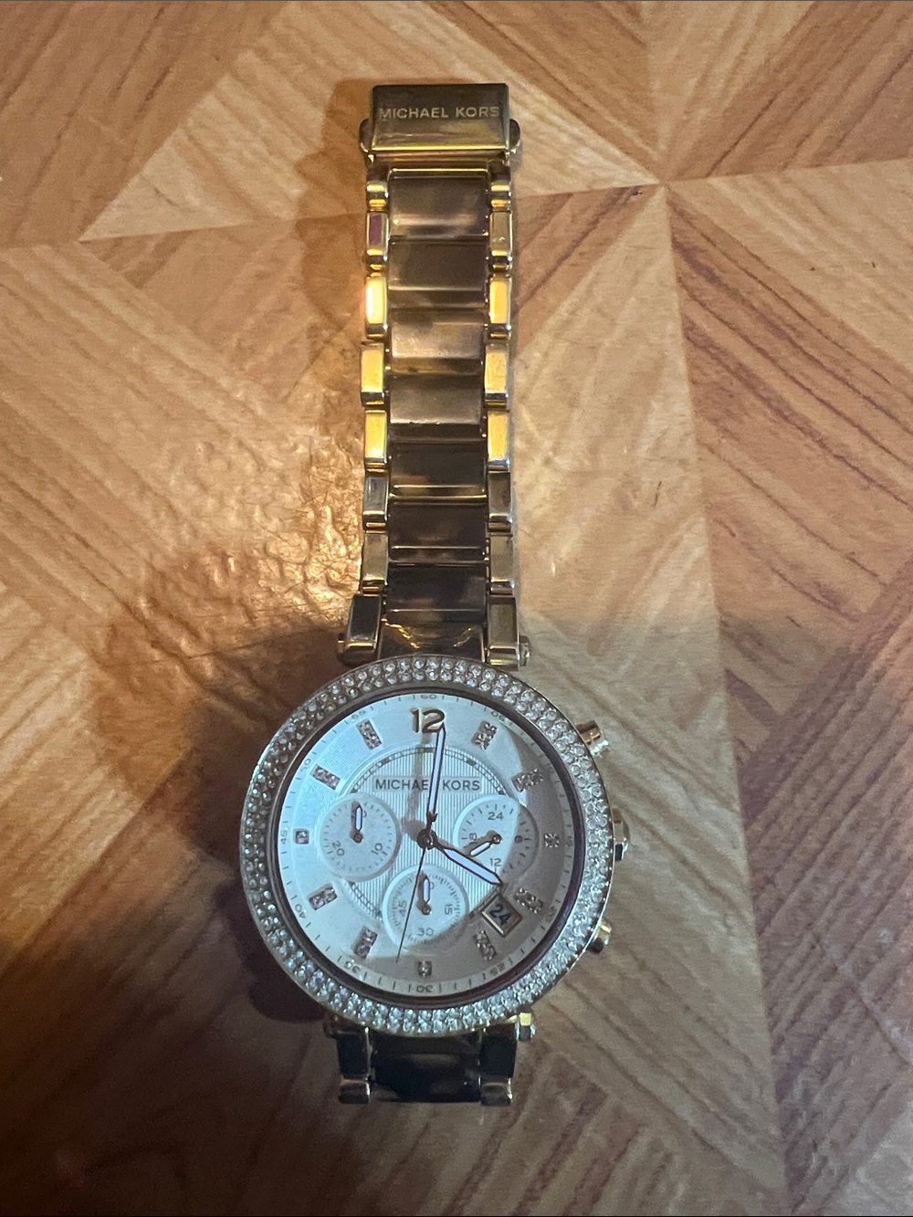 Michael Kors Gold and White Crystal-Trim Chronograph Watch